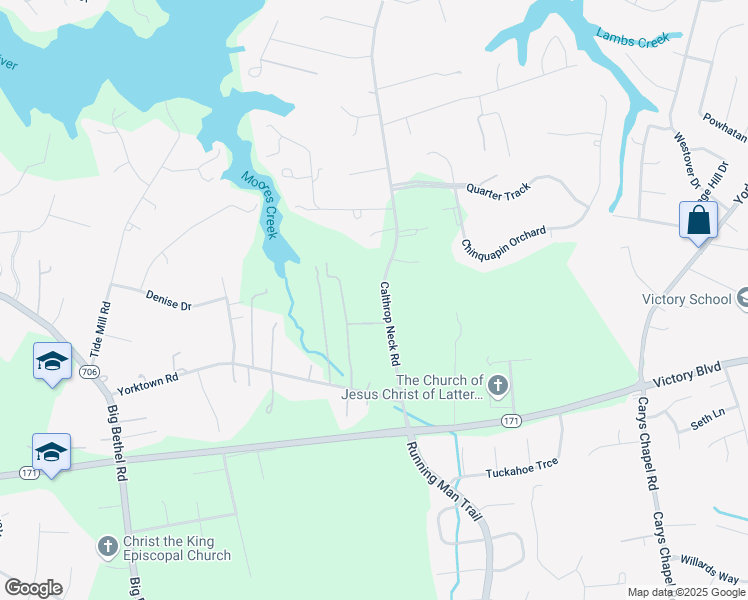 map of restaurants, bars, coffee shops, grocery stores, and more near 309 Calthrop Neck Road in Yorktown