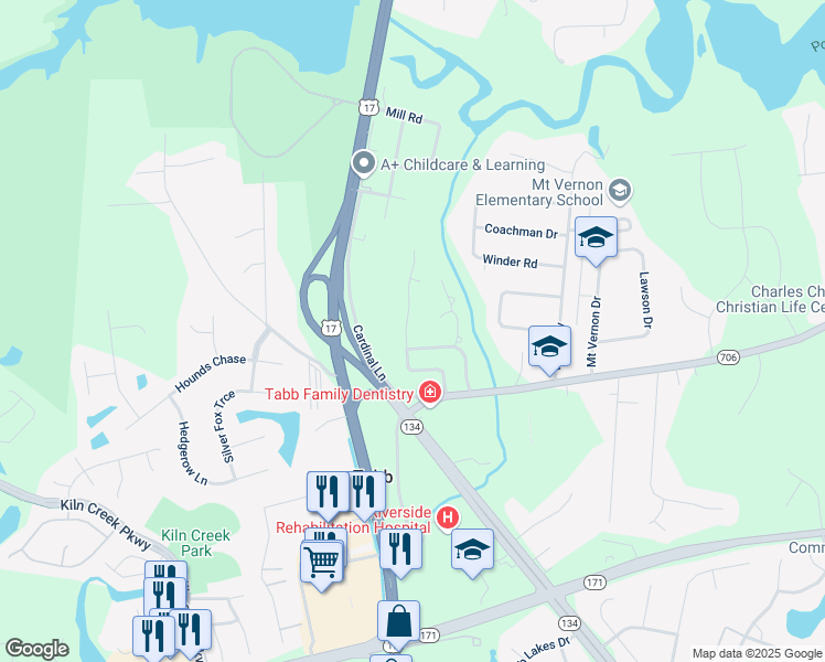 map of restaurants, bars, coffee shops, grocery stores, and more near 120 Yorkshire Drive in Yorktown
