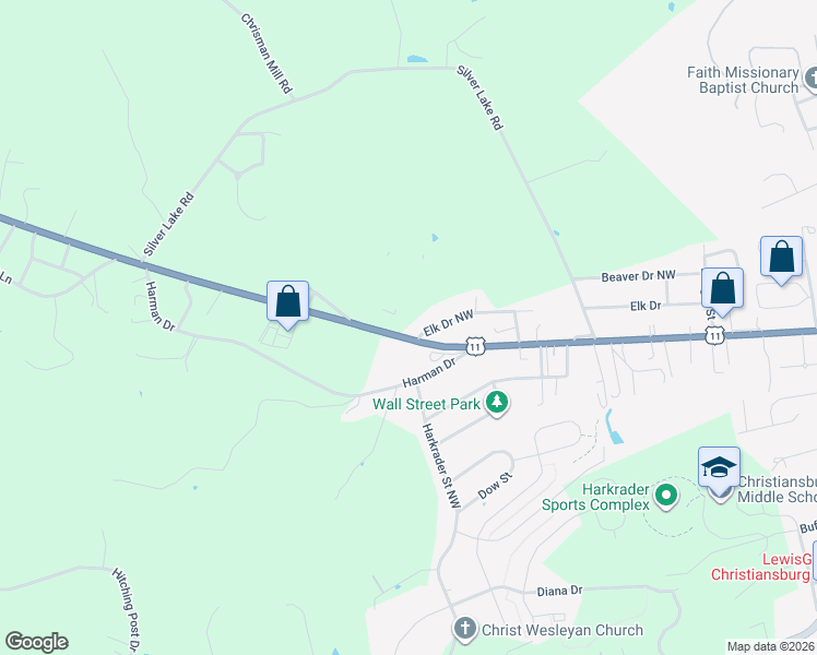 map of restaurants, bars, coffee shops, grocery stores, and more near 1375 Elk Drive in Christiansburg