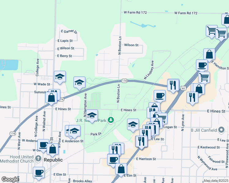 map of restaurants, bars, coffee shops, grocery stores, and more near 734 North Boston Lane in Republic