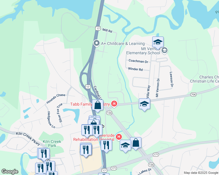 map of restaurants, bars, coffee shops, grocery stores, and more near 120 Yorkshire Drive in Yorktown