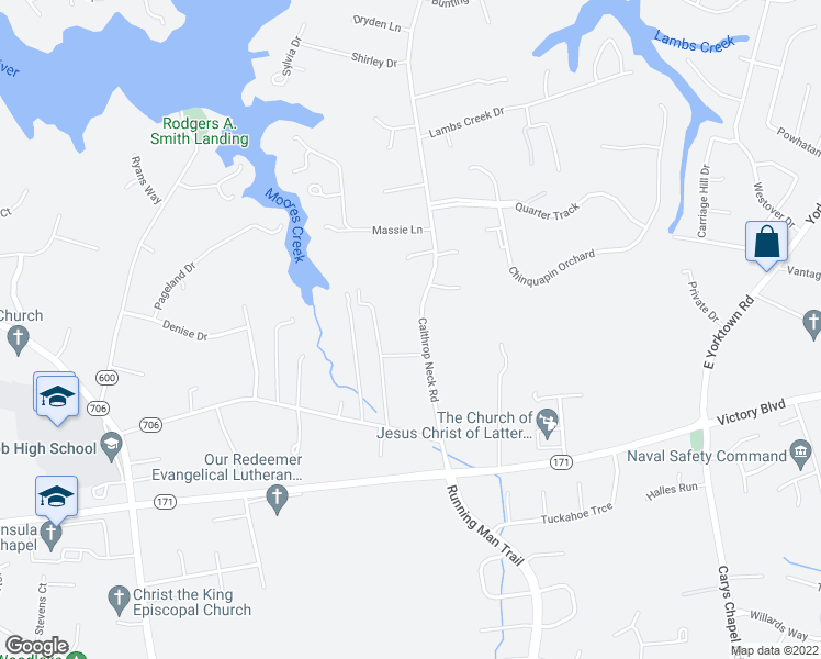 map of restaurants, bars, coffee shops, grocery stores, and more near 309 Calthrop Neck Road in Yorktown