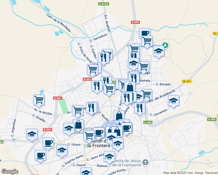 map of restaurants, bars, coffee shops, grocery stores, and more near 30 Calle Hernández Pastorino in Morón de la Frontera