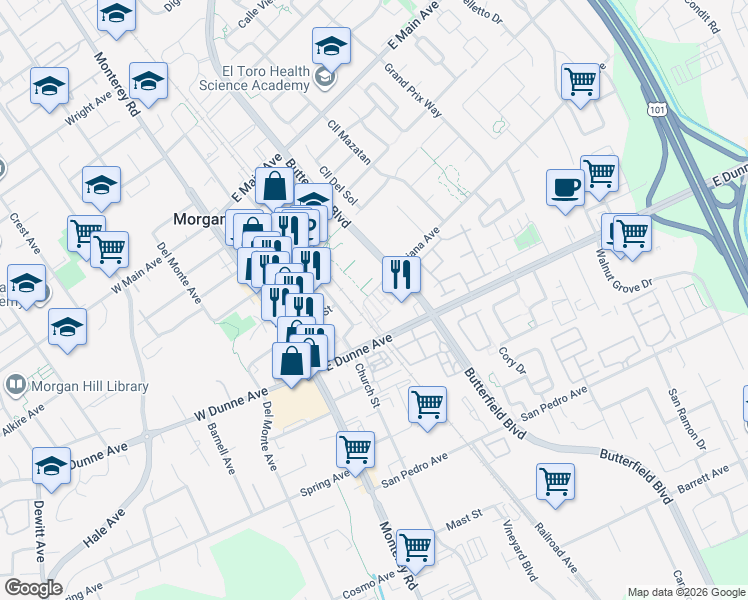 map of restaurants, bars, coffee shops, grocery stores, and more near 17095 Saint Cecilia Lane in Morgan Hill