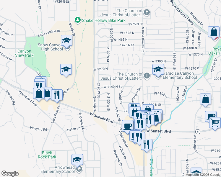 map of restaurants, bars, coffee shops, grocery stores, and more near 2123 West 1140 North Street in St. George