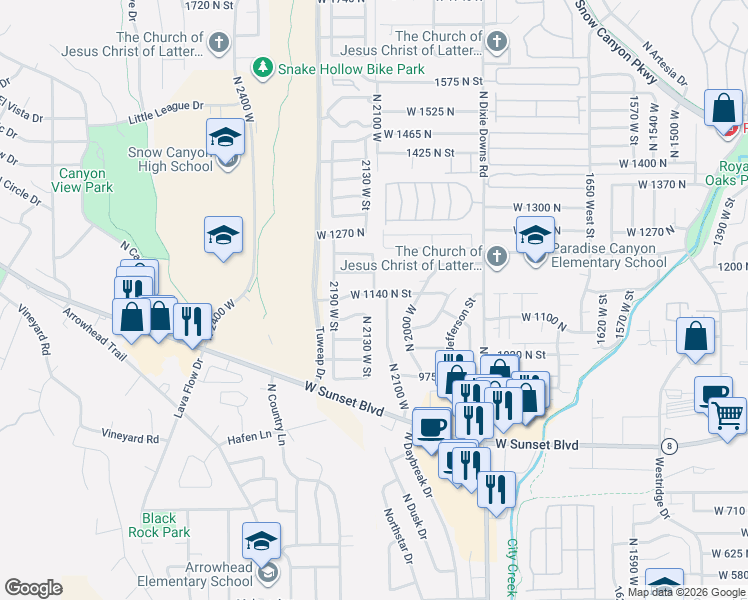 map of restaurants, bars, coffee shops, grocery stores, and more near 2123 West 1140 North Street in St. George