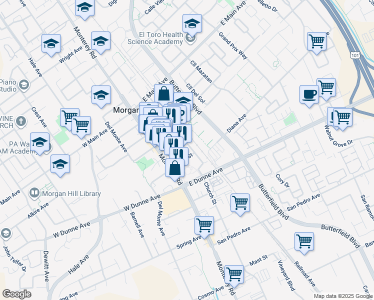 map of restaurants, bars, coffee shops, grocery stores, and more near 17145 Depot Street in Morgan Hill