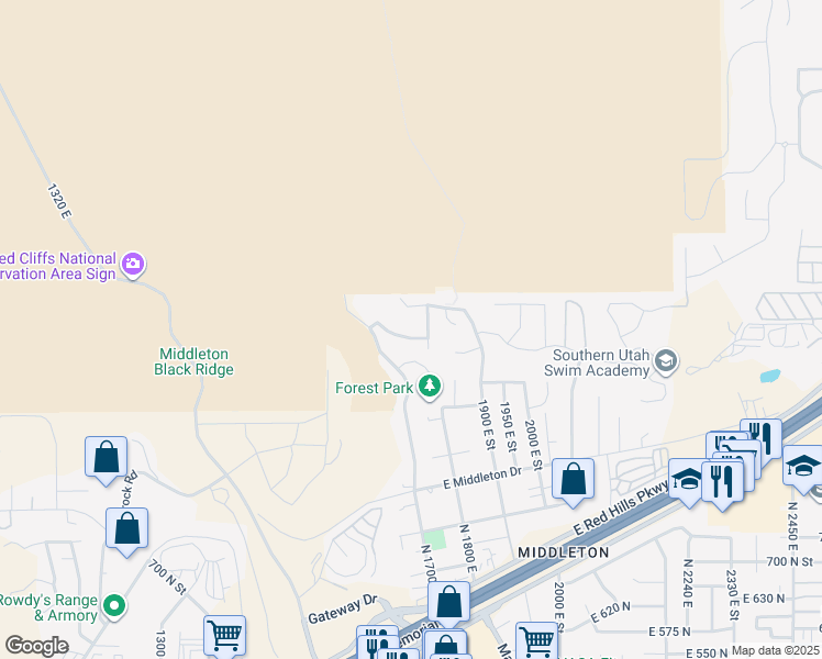 map of restaurants, bars, coffee shops, grocery stores, and more near 1761 East 1150 North in St. George