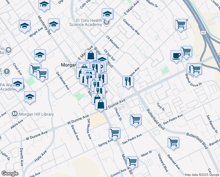 map of restaurants, bars, coffee shops, grocery stores, and more near 17102 Depot Street in Morgan Hill