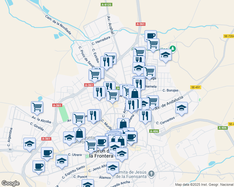 map of restaurants, bars, coffee shops, grocery stores, and more near 30 Calle Hernández Pastorino in Morón de la Frontera