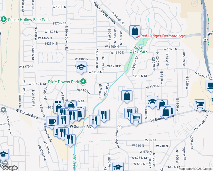 map of restaurants, bars, coffee shops, grocery stores, and more near 1157 North 1570 West in Saint George