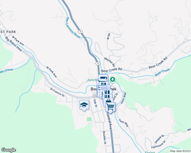 map of restaurants, bars, coffee shops, grocery stores, and more near 13350 West Park Avenue in Boulder Creek
