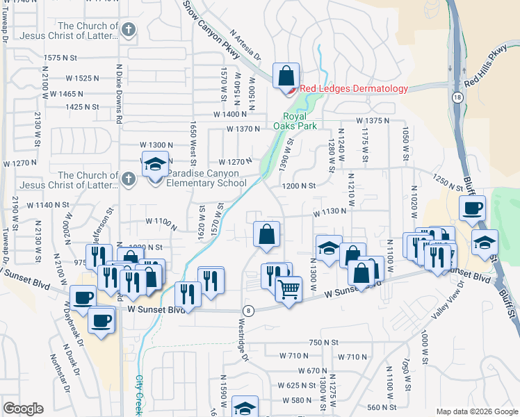 map of restaurants, bars, coffee shops, grocery stores, and more near 1075 1400 West Street in St. George