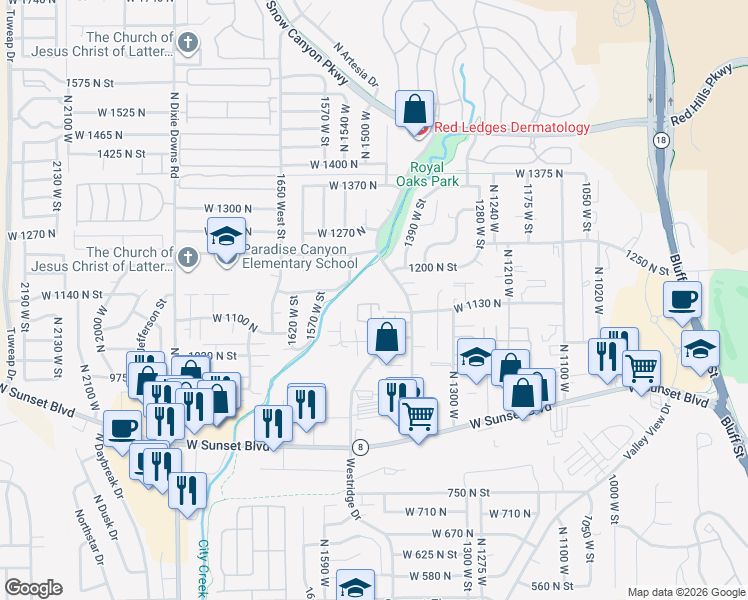 map of restaurants, bars, coffee shops, grocery stores, and more near 1075 1400 West Street in St. George