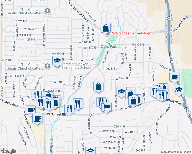 map of restaurants, bars, coffee shops, grocery stores, and more near 1075 1400 West Street in St. George