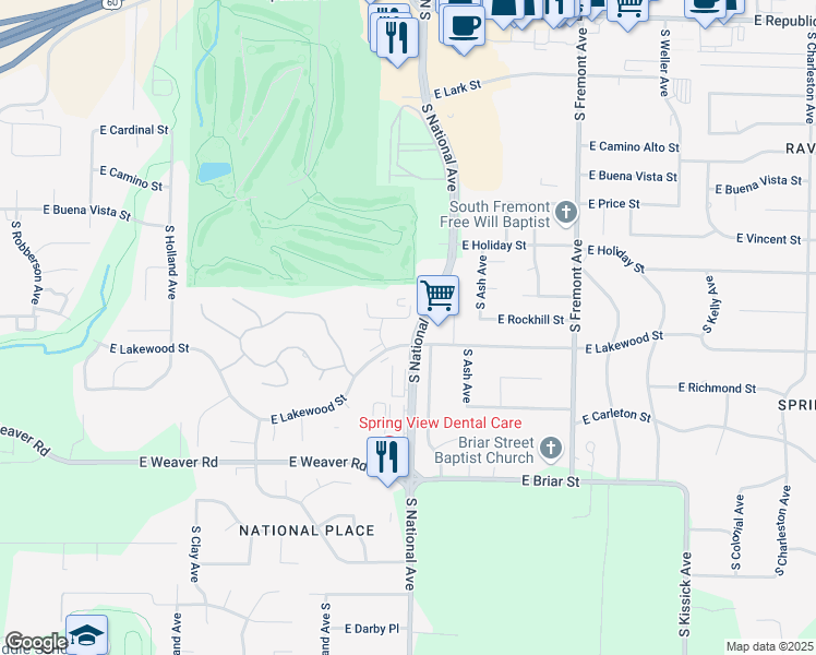map of restaurants, bars, coffee shops, grocery stores, and more near 4777 South National Avenue in Springfield