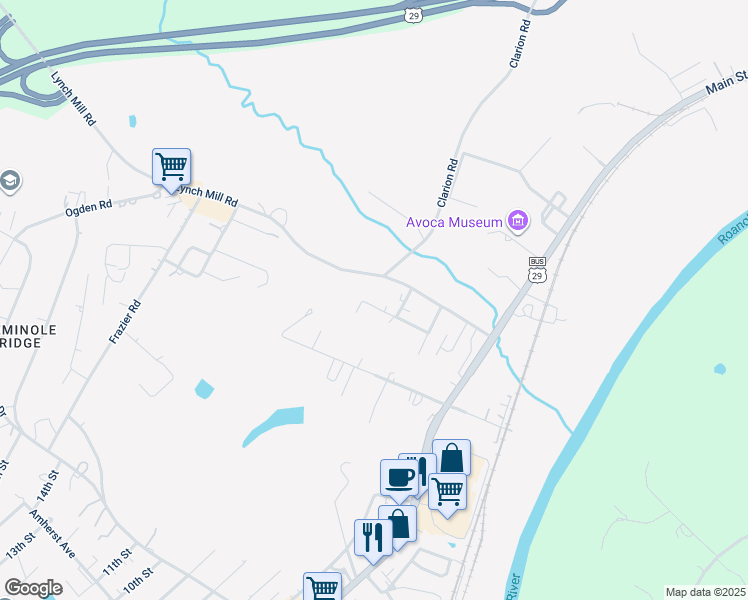 map of restaurants, bars, coffee shops, grocery stores, and more near 207 Valley View Drive in Altavista