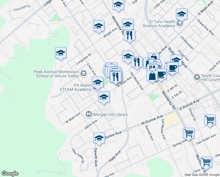 map of restaurants, bars, coffee shops, grocery stores, and more near 17646 Crest Avenue in Morgan Hill