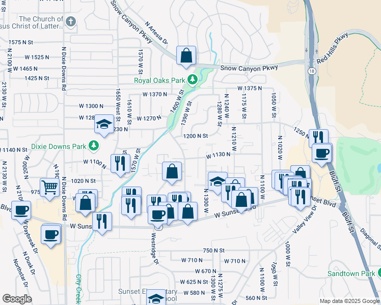 map of restaurants, bars, coffee shops, grocery stores, and more near 1372 West 1130 North in St. George