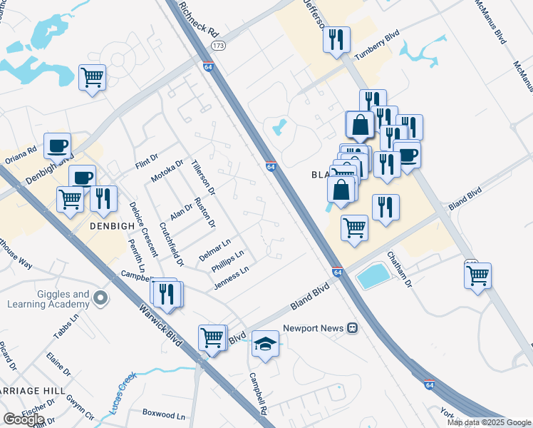 map of restaurants, bars, coffee shops, grocery stores, and more near 159 Delmar Lane in Newport News