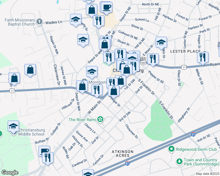 map of restaurants, bars, coffee shops, grocery stores, and more near 200 College Street in Christiansburg
