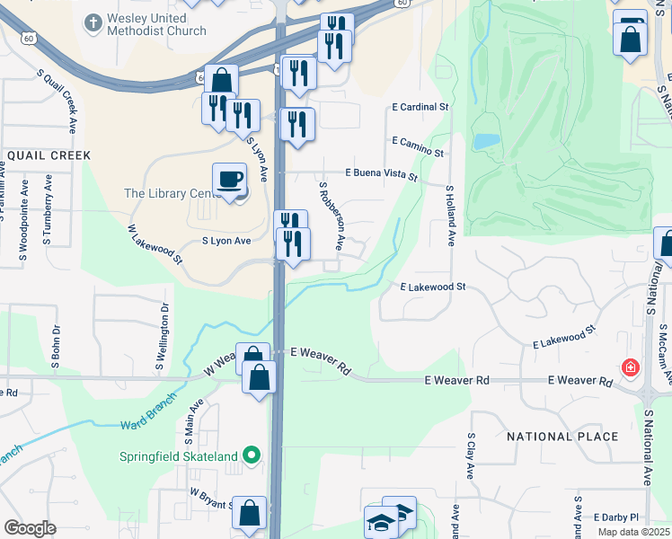 map of restaurants, bars, coffee shops, grocery stores, and more near 4733 South Robberson Avenue in Springfield