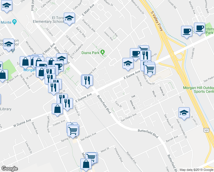 map of restaurants, bars, coffee shops, grocery stores, and more near East Dunne Avenue & Creekside Circle in Morgan Hill