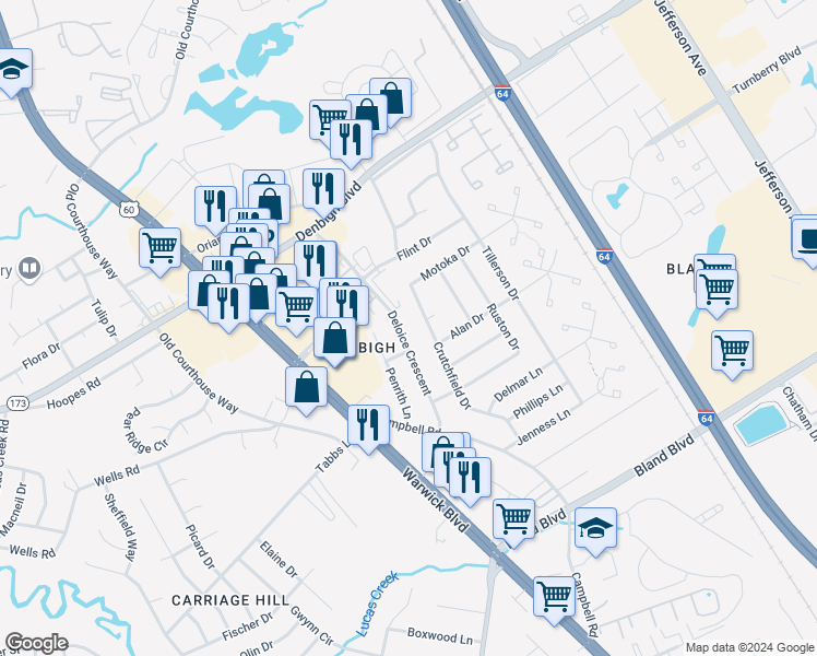 map of restaurants, bars, coffee shops, grocery stores, and more near 14308 Deloice Crescent in Newport News