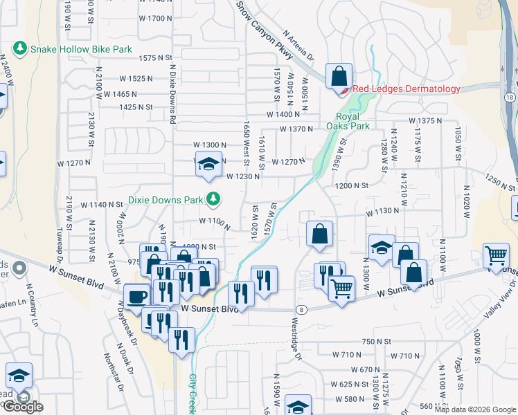 map of restaurants, bars, coffee shops, grocery stores, and more near 1160 North 1620 West in Saint George