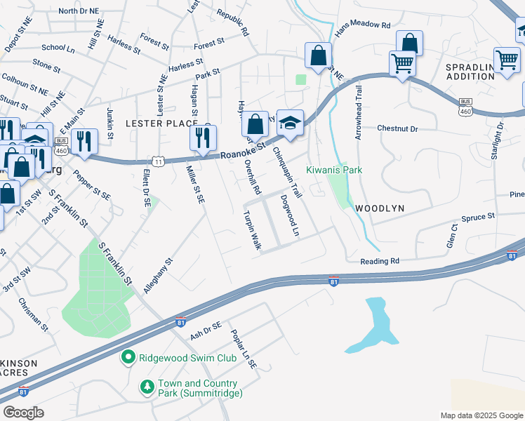 map of restaurants, bars, coffee shops, grocery stores, and more near 345 Overhill Road in Christiansburg
