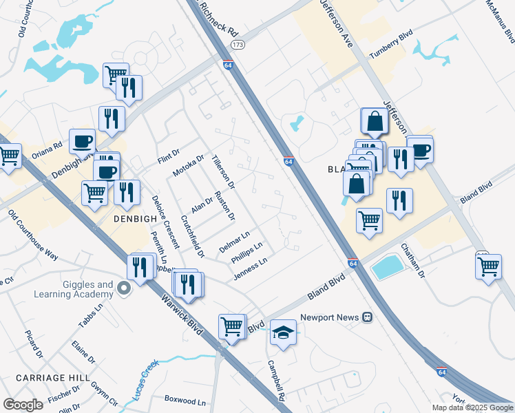 map of restaurants, bars, coffee shops, grocery stores, and more near 155 Delmar Lane in Newport News