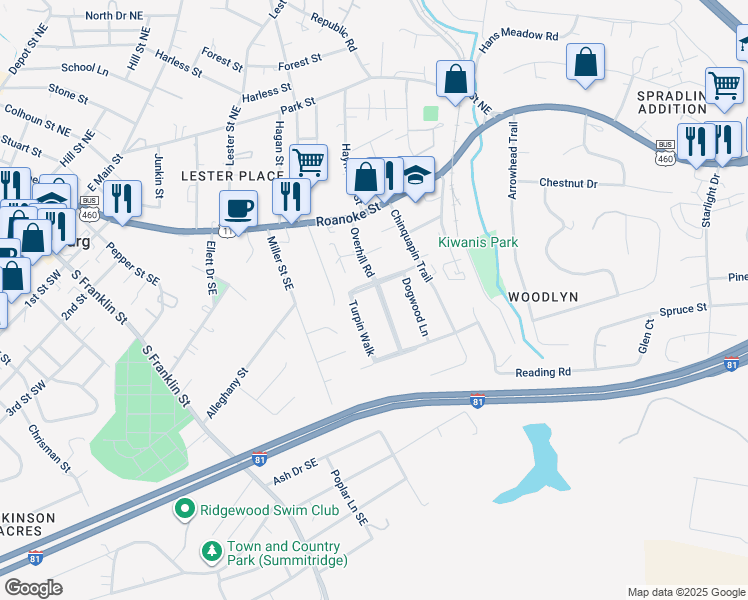 map of restaurants, bars, coffee shops, grocery stores, and more near 345 Overhill Road in Christiansburg