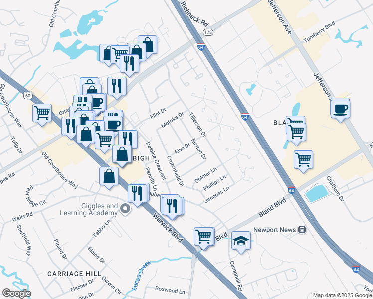 map of restaurants, bars, coffee shops, grocery stores, and more near 132 Alan Drive in Newport News
