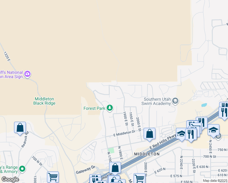 map of restaurants, bars, coffee shops, grocery stores, and more near 1185 Wrigley Circle in St. George