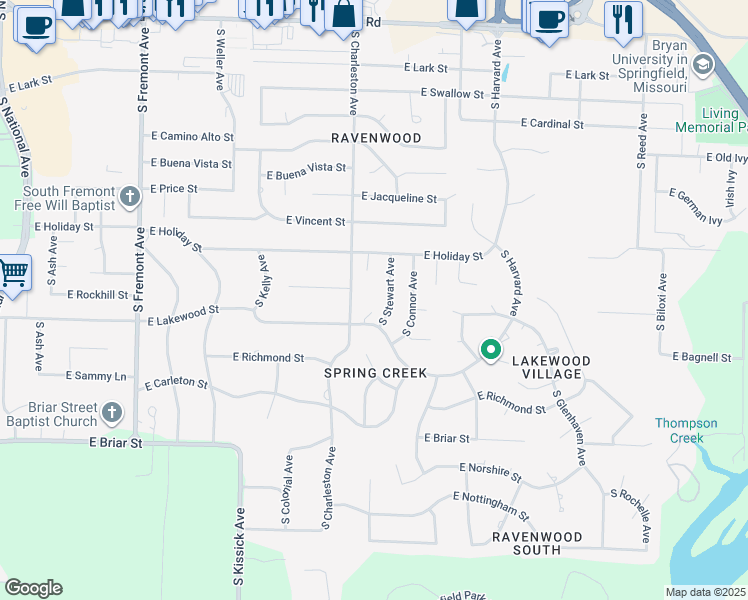 map of restaurants, bars, coffee shops, grocery stores, and more near 1817 East Lakewood Street in Springfield