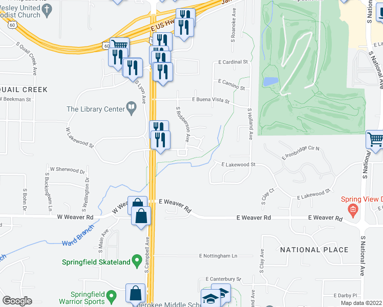map of restaurants, bars, coffee shops, grocery stores, and more near 220 East Lakewood Street in Springfield