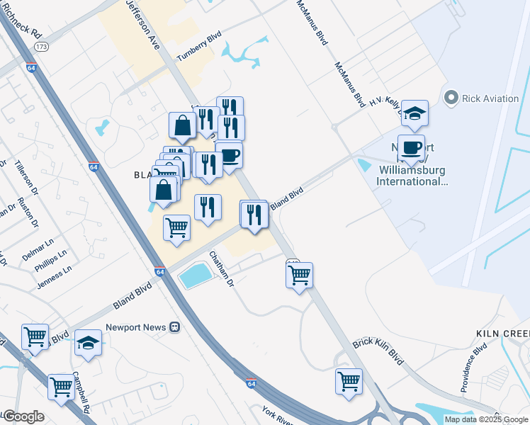 map of restaurants, bars, coffee shops, grocery stores, and more near Jefferson Ave & Bland Blvd in Newport News