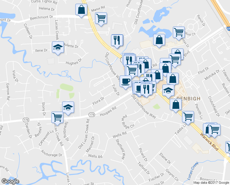 map of restaurants, bars, coffee shops, grocery stores, and more near 807 Tulip Drive in Newport News