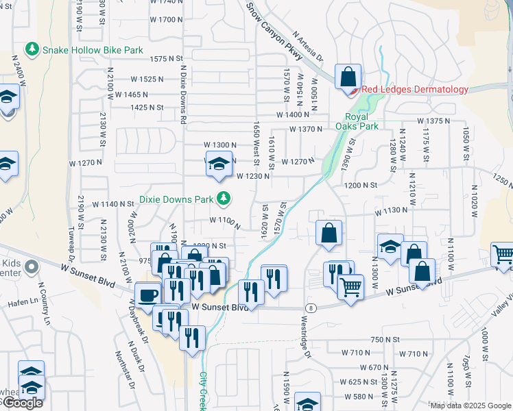 map of restaurants, bars, coffee shops, grocery stores, and more near 1162 1650 West in St. George