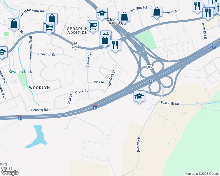 map of restaurants, bars, coffee shops, grocery stores, and more near 605 Hemlock Street in Christiansburg