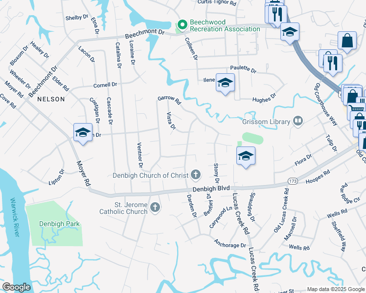 map of restaurants, bars, coffee shops, grocery stores, and more near 200 Clifton Court in Newport News