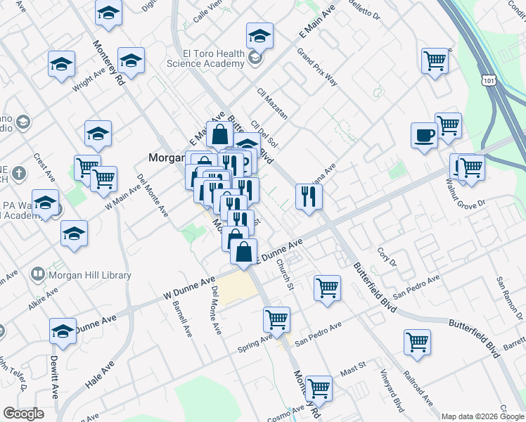 map of restaurants, bars, coffee shops, grocery stores, and more near 17112 Depot Street in Morgan Hill