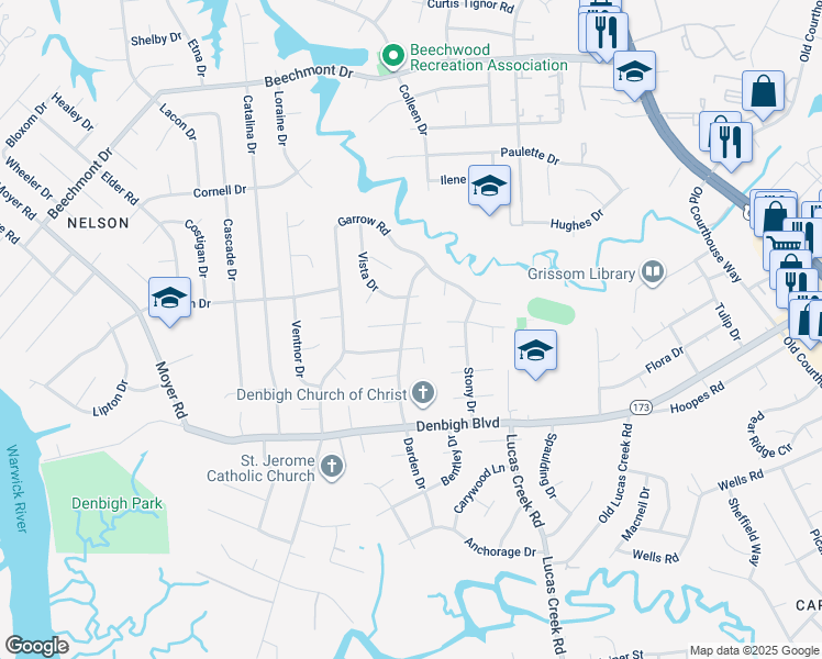 map of restaurants, bars, coffee shops, grocery stores, and more near 200 Clifton Court in Newport News