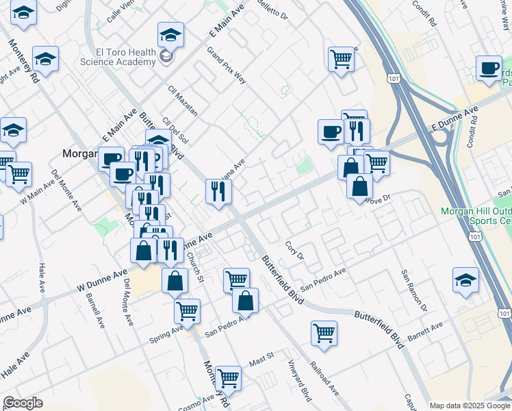map of restaurants, bars, coffee shops, grocery stores, and more near 344 Pebble Creek Court in Morgan Hill