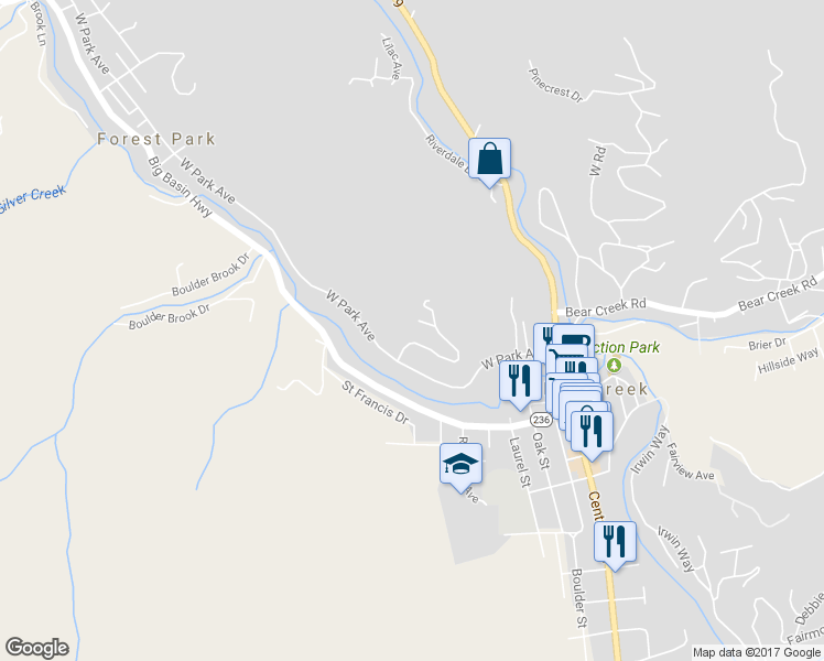 map of restaurants, bars, coffee shops, grocery stores, and more near 13756 West Park Avenue in Boulder Creek