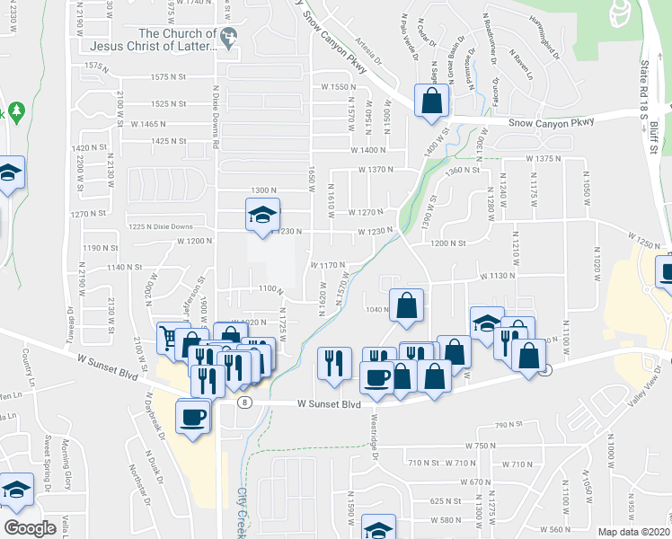 map of restaurants, bars, coffee shops, grocery stores, and more near 1555 North 1510 West in St. George