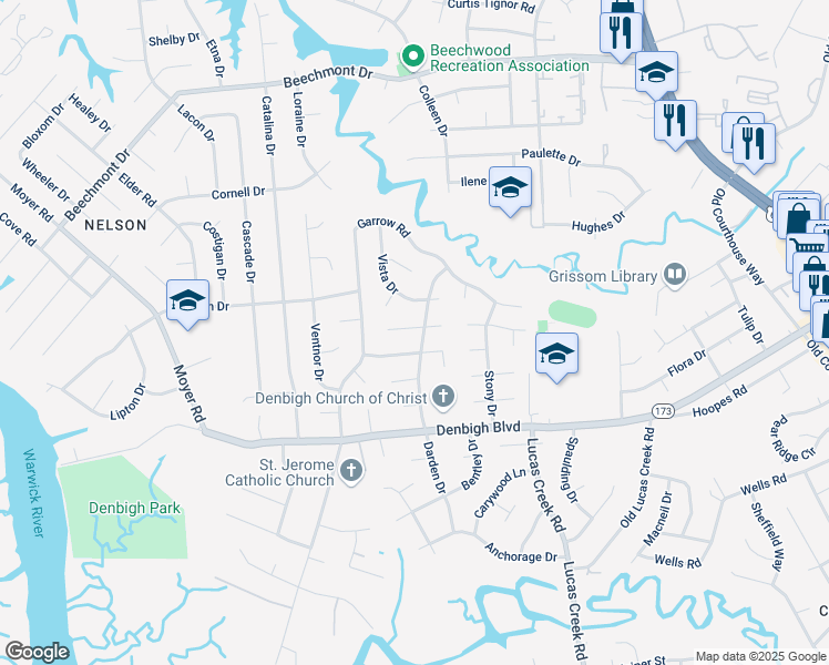 map of restaurants, bars, coffee shops, grocery stores, and more near 200 Clifton Court in Newport News