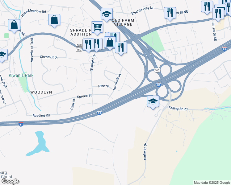 map of restaurants, bars, coffee shops, grocery stores, and more near 605 Hemlock Street in Christiansburg