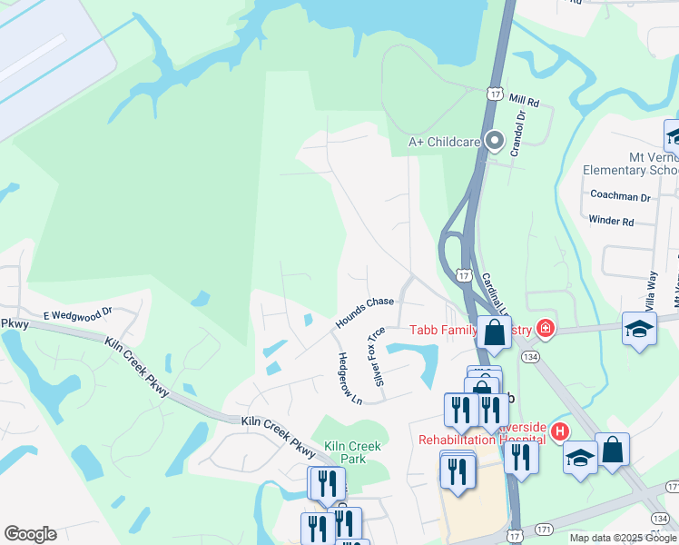 map of restaurants, bars, coffee shops, grocery stores, and more near 109 Viw Hallo Way in Yorktown