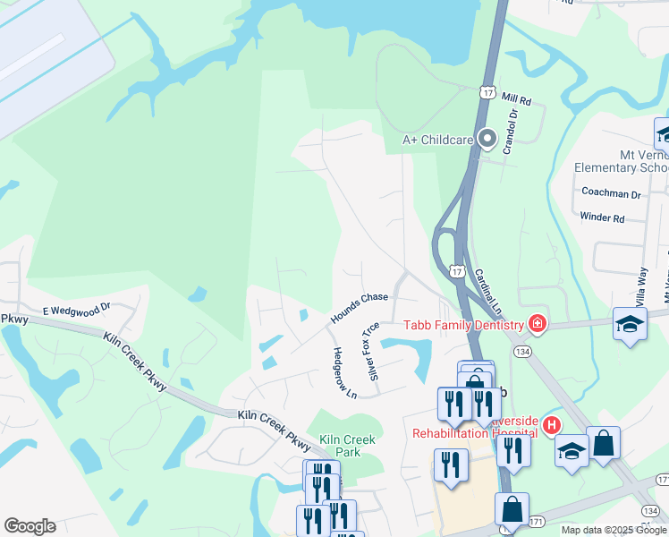 map of restaurants, bars, coffee shops, grocery stores, and more near 109 View Hallo Way in Yorktown